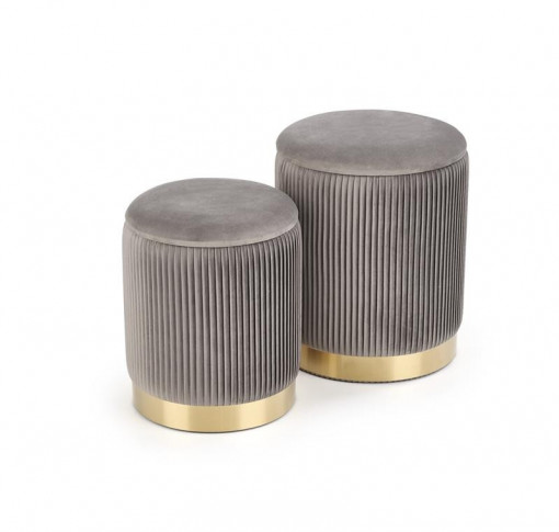SET 2 TABURETI MONTY, CU SPATIU DE DEPOZITARE, GRI/AURIU, TAPITERIE DIN CATIFEA SI PICIOR DIN METAL, STIL MODERN