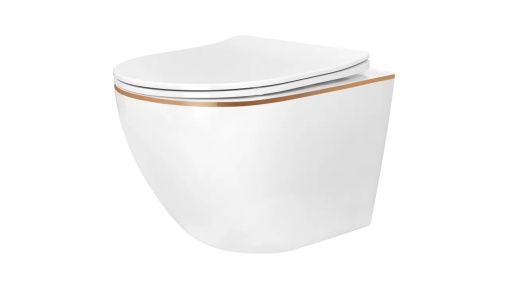 SET VAS DE TOALETA REA CARLO MINI FLAT+BIDEU CARLO MINI EDGE SUSPENDATE, ALB/AURIU, DIN CERAMICA, CALITATE SUPERIOARA