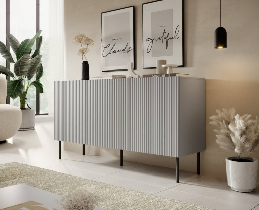 COMODA LIVING ASENSIO KM-1, 150X81 CM, GRI DESCHIS/NEGRU, MDF LAMINAT, PAL SI METAL, STIL MODERN