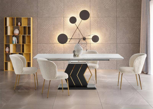 MASA DINING EXTENSIBILA VINCENZO, ALB CU EFECT DE MARMURA/NEGRU/AURIU, 160/200 CM, DIN MDF LACUIT SI METAL, STIL MODERN