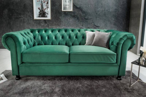 CANAPEA, WINDSOR 3 LOCURI, DIN LEMN MASIV SI CATIFEA VERDE SMARALD, COD 43116, STIL CHESTEFIELD
