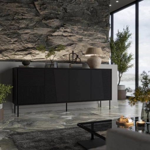 COMODA, CAMA-ABI-COMODE-CZ/CZ 200CM, DIN PLACI LAMINATE SI MDF, NEGRU MAT, DESIGN MODERN