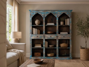 BIBLIOTECA OLEANDER 170CM, REALIZATA DIN LEMN DE MANGO SI METAL, CULOARE ALBASTRU ANTICHIZAT, GINER Y COLOMER - Img 2