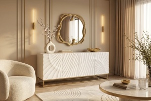 BUFET LIVING DEOSEBIT, SCORPION 180CM, MODEL 3D, REALIZAT DIN LEMN DE MANGO SI METAL, CULOARE ALB/AURIU, INVICTA INTERIOR - Img 7
