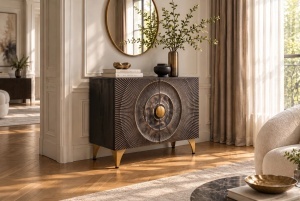 BUFET LIVING GOLDEN SUNSET 100CM, MODEL 3D, REALIZAT DIN LEMN DE MANGO SI PICIOARE DIN METAL, CULOARE NEGRU/AURIU - Img 6