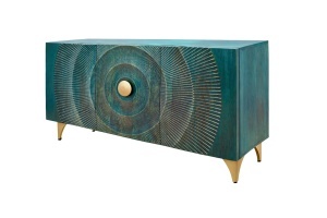 BUFET LIVING GOLDEN SUNSET 140CM, REALIZAT DIN LEMN DE MANGO, DE CULOARE TURCOAZ/AURIU, MODEL 3D, ARTIM GROUP - Img 3