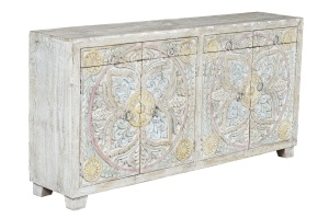 BUFET LIVING OLYMPIA 180CM, DIN LEMN DE MANGO, CULOARE ALB ANTICHIZAT SI MULTICOLOR, STIL ETNIC RUSTIC, ARTIM GROUP SELECTION
