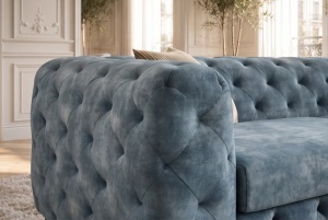 CANAPEA ELEGANTA CHESTERFIELD 235CM, DIN LEMN SI TEXTIL CATIFEA, CULOARE ALBASTRU, INVICTA INTERIOR - Img 8