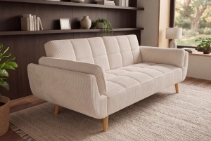 CANAPEA EXTENSIBILA BOUTIQUE 215CM, 3 LOCURI, REALIZAT DIN LEMN SI CATIFEA RAIAT, CULOARE BEJ - Img 5