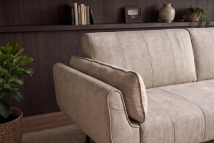 CANAPEA EXTENSIBILA DIVANI 220CM, 3 LOCURI, REALIZAT DIN LEMN SI TEXTIL CATIFEA, CULOARE BEJ - Img 9
