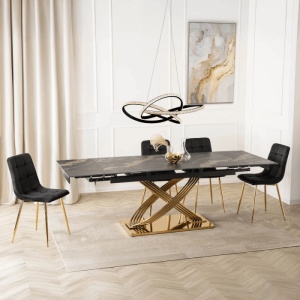 CEL MAI MIC PRET!!!MASA EXTENSIBILA 160-240CM, ARTIM MEBLE, REALIZATA DIN METAL SI CERAMICA, CULOARE MARMURA NEAGRA/AURIE, STIL MODERN
