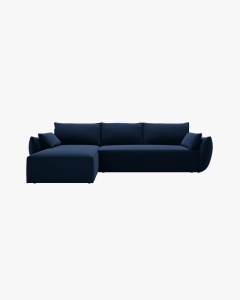 COLTAR EXTENSIBIL KAELLE, 252 CM, PE STANGA, ALBASTRU ROYAL, CU TAPITERIE DIN TEXTIL CATIFEA BLUVEL, MICADONI