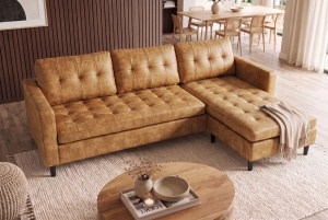 COLTAR MODERN STOCKHOLM 220CM, 3 LOCURI, CU SEZLONG, REALIZAT DIN TEXTIL FOARTE FIN- CATIFEA, CULOARE GALBEN MUSTAR - Img 3