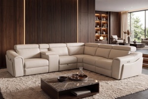 COLTAR MULTIFUNCTIONAL PRIME, 300X270CM, CU SPATIU DE DEPOZITARE, PRIZE, REALIZAT DIN LEMN SI PIELE ECO, CULOARE BEJ - Img 5