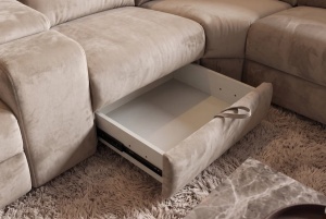COLTAR MULTIFUNCTIONAL PRIME, 300X270CM, CU SPATIU DE DEPOZITARE, TETIERE REGLABILE, PRIZE, REALIZAT DIN LEMN SI CATIFEA, CULOARE BEJ - Img 6