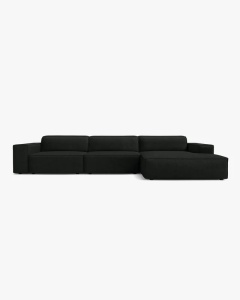 COLTAR PE DREAPTA JODIE, CU 4 LOCURI, 284X162 CM, ADANCIME SCAUN 62 CM, NEGRU, TAPITAT CU TAPITERIE DIN TEXTIL BOUCLE BALOO, MICADONI