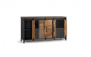 COMODA/BUFET 150CM, NEGRU/NATURAL, DIN LEMN DE MANGO SI METAL, CU DOUA USI SI 3 SERTARE - Img 3