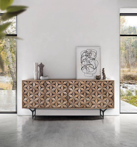 COMODA/BUFET 177CM, NATURAL/NEGRU, DIN LEMN DE MANGO SI PICIOARE DIN METAL, DESIGN EXTRAVAGANT - Img 1