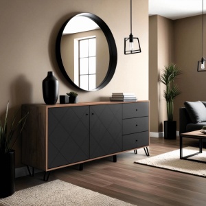 COMODA LIVING 183CM, ARTIM MEBLE, CU 2 USI SI 3 SERTARE, REALIZAT DIN MDF SI METAL, CULOARE GRAFIT/STEJAR, STIL MODERN