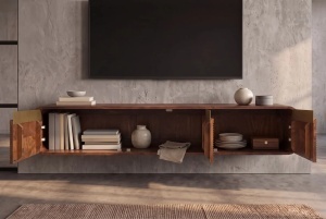 COMODA LIVING TV 160CM, REALIZATA DIN LEMN DE MANGO, DETALII AURII, CULOARE MARO/AURIU - Img 3