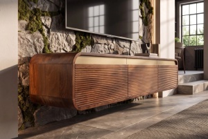 COMODA LIVING TV 160CM, REALIZATA DIN LEMN DE MANGO, DETALII AURII, CULOARE MARO/AURIU - Img 13