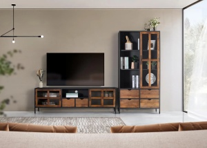 COMODA TV NEWARK 180CM, REALIZATA DIN LEMN DE MANGO SI METAL, CULOARE NATUR/NEGRU, GINER Y COLOMER - Img 2