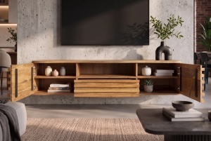 COMODA TV RELIEF 200CM, REALIZATA DIN LEMN MASIV DE SALCAM, MONTAJ PE PERETE, CULOARE NATUR, INVICTA INTERIOR - Img 11