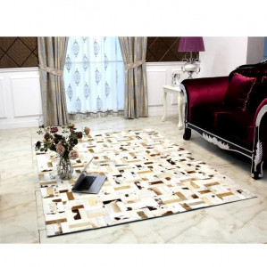 Covor de lux din piele, alb/gri/maro, patchwork, 120x180, PIELE DE VITĂ TIP 1, 0000188798