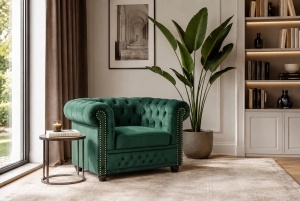 FOTOLIU CHESTERFIELD, REALIZAT DIN LEMN SI TEXTIL CATIFEA, CULOARE VERDE SMARALD, STIL CLASIC - Img 10