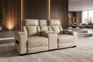 FOTOLIU CINEMA 2 LOCURI HOLLYWOOD, REGLABIL ELECTRIC, REALIZAT DIN PIELE ECO, CULOARE BEJ, INVICTA INTERIOR - Img 5