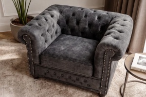 FOTOLIU STIL CHESTERFIELD, DIN LEMN SI TEXTIL FIN, CATIFEA, CULOARE GRI, INVICTA INTERIOR - Img 3