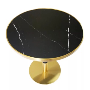 Masă de cafenea rotunda 70cm, culoare negru/auriu, metal si mdf design marmura - Img 6