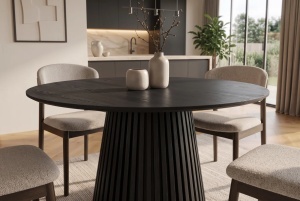 MASA DE DINING ROTUNDA VALHALLA 120CM, REALIZAT DIN LEMN DE STEJAR SI BLATUL DIN MDF SI FURNIR STEJAR, CULOARE NEAGRA - Img 3