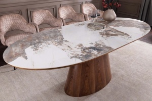 Masă de dining UNIQUE, extensibilă de la 160 la 200 cm, aspect lemn de nuc, blat ceramic cu aspect de piatră naturală - Img 3