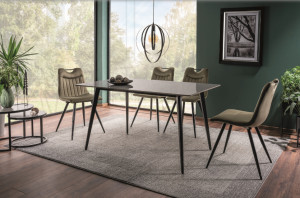 MASA DINING, 140 CM, EFECT DE MARMURA GRI/NEGRU MAT, BLAT DIN CERAMICA SI PICIOARE DIN METAL, STIL MODERN