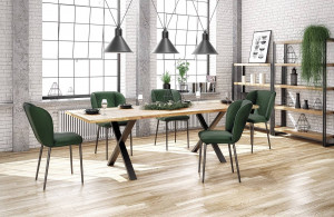 MASA DINING APEX, STEJAR/NEGRU, 140 CM, BLAT DIN LEMN MASIV SI PICIOARE DIN METAL, STIL VINTAGE - Img 1