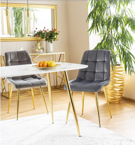 MASA DINING CERES, 140 CM, EFECT DE MARMURA ALBA/AURIU, BLAT DIN MDF, STICLA SECURIZATA SI PICIOARE DIN METAL, STIL MODERN - Img 5