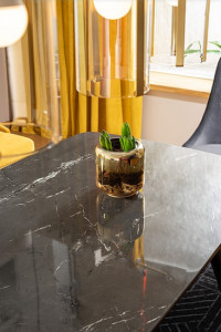 MASA DINING CYRYL I, 140 CM, EFECT DE MARMURA NEAGRA/NEGRU/AURIU, DIN MDF, STICLA SECURIZATA SI METAL, STIL MODERN - Img 2