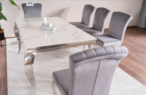 MASA DINING EFECT DE MARMURA ALBA/CROM, 150 CM, BLAT DIN CERAMICA SI PICIOARE DIN METAL, STIL MODERN - Img 8