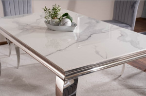 MASA DINING EFECT DE MARMURA ALBA/CROM, 180 CM, BLAT DIN CERAMICA SI METAL, STIL MODERN - Img 6