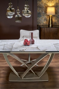 MASA DINING EXTENSIBILA BENJAMIN 160/240 CM, CULOARE BEJ/ CASMIR, BLAT DIN STICLA, CERAMICA SI PICIOARE DIN METAL, STIL MODERN - Img 9