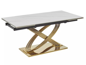 MASA DINING EXTENSIBILA, HERMES II, 160(240)X90, EFECT DE MARMURA ALBA/AURIU, BLAT DIN CERAMICA SI PICIOARE DIN METAL , STIL MODERN - Img 4
