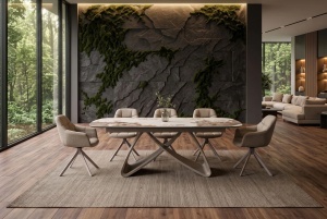MASA DINING EXTENSIBILA INFINITY 180-220-260CM, REALIZATA DIN METAL SI BLAT DIN STICLA SI CERAMICA, CULOARE MARMURA/SAMPANIE - Img 2
