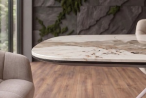 MASA DINING EXTENSIBILA INFINITY 180-220-260CM, REALIZATA DIN METAL SI BLAT DIN STICLA SI CERAMICA, CULOARE MARMURA/SAMPANIE - Img 12