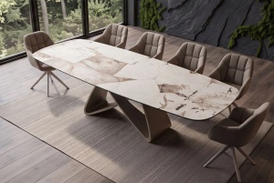 MASA DINING EXTENSIBILA INFINITY 180-220-260CM, REALIZATA DIN METAL SI BLAT DIN STICLA SI CERAMICA ITALIANA, CULOARE MARO-ALB/SAMPANIE - Img 10