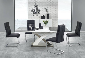 MASA DINING EXTENSIBILA SANDOR 2, ALB/NEGRU/CROM, 160/220 CM, DIN STICLA, MDF SI METAL, STIL MODERN