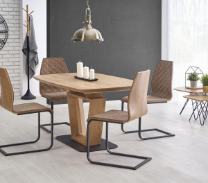 MASA DINING EXTENSIBILA STIL BLACKY, STEJAR AURIU/NEGRU, 160/220 CM, BLAT DIN MDF SI PICIOR DIN METAL, STIL MODERN - Img 3