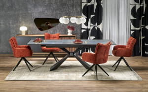 MASA DINING EXTENSIBILA STIL LUCIANO, 180-230 CM, EFECT DE MARMURA ALBASTRA/NEGRU, DIN CERAMICA, STICLA SI METAL, STIL MODERN