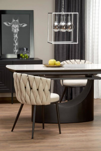 MASA DINING EXTENSIBILA STIL OSMAN, ALB CU EFECT DE MARMURA/NEGRU, 160/220 CM, DIN CERAMICA SI METAL, STIL MODERN - Img 4