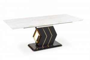 MASA DINING EXTENSIBILA STIL VINCENZO, ALB CU EFECT DE MARMURA/NEGRU/AURIU, 160/200 CM, DIN MDF LACUIT SI METAL, STIL MODERN - Img 5